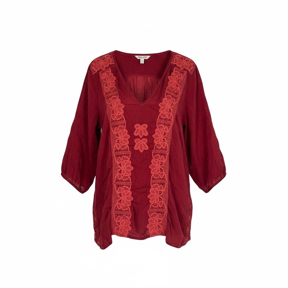 Johnny Was Tunic Blouse‎ XL Burgundy Red Lace Crochet Boho Peasant Cupra Rayon